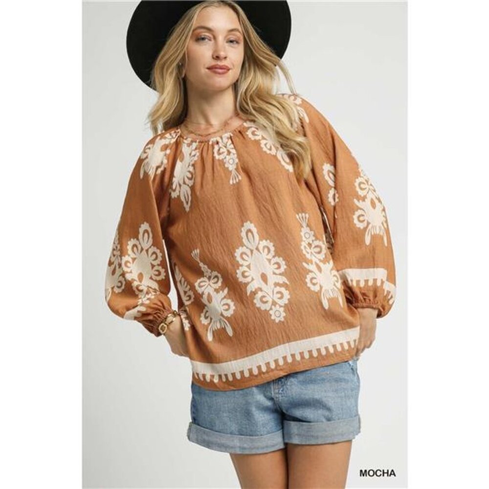 Umgee Full Size Two Tone Border Print Top with Balloon Sleeves Plus Size